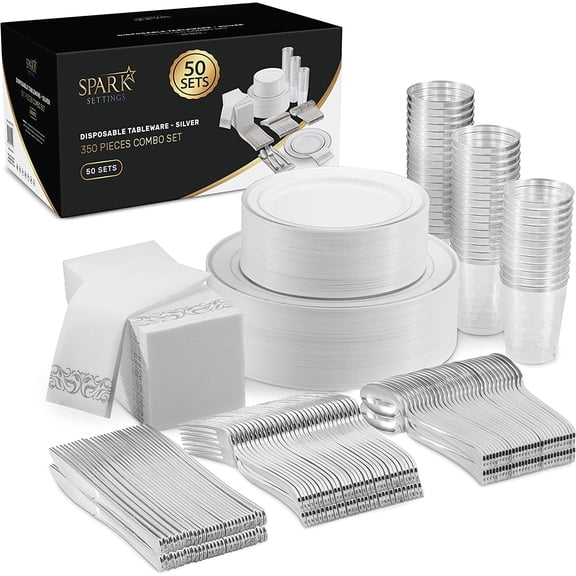 Silver Plastic Dinnerware Set - 350 PC for 50 Guests, 100 Party Plates, 50 Cups, 50 Cutlery Sets & Napkins