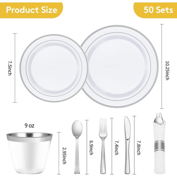 Silver Plastic Dinnerware Set, 350pcs — Fancy Disposable Plates, Cups & Pre-Rolled Napkins with Silver Cutlery for 50 Guests, Ideal for Parties, Weddings & Celebrations