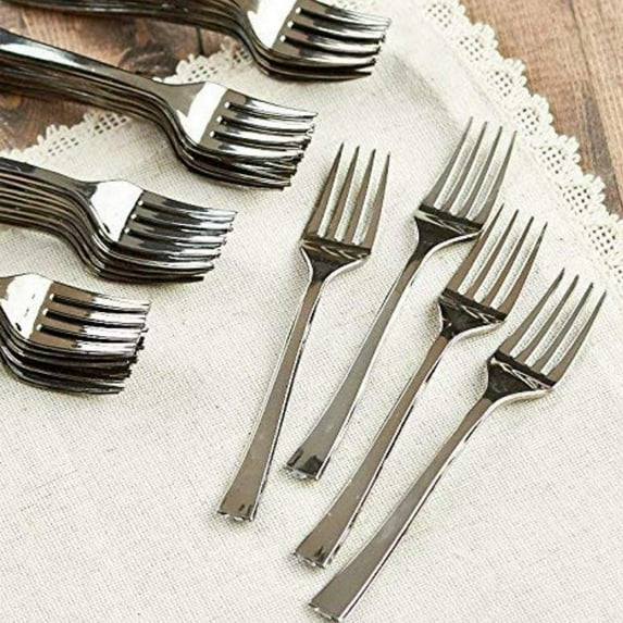 Silver Plastic Forks - Mini Plastic Forks - (120 Ct) - Perfect for Home Office Picnic Lunch Box Indoor-Outdoor Events - Disposable Forks Mini