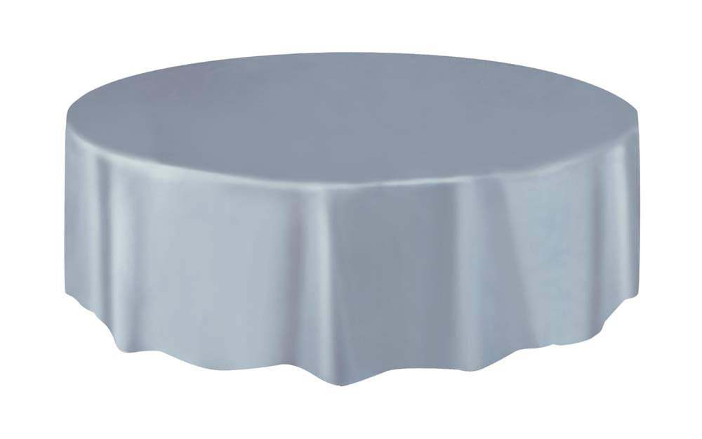 Silver Plastic Party Tablecloth, Round, 84in