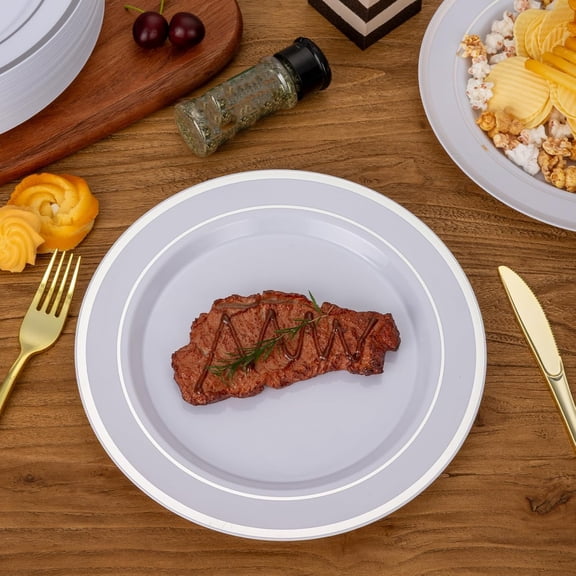 Silver Plastic Plates, Dinner Plate with Silver Rim, Heavy Duty Disposable Plastic Plates for Party, Wedding, Birthday & Daily Use