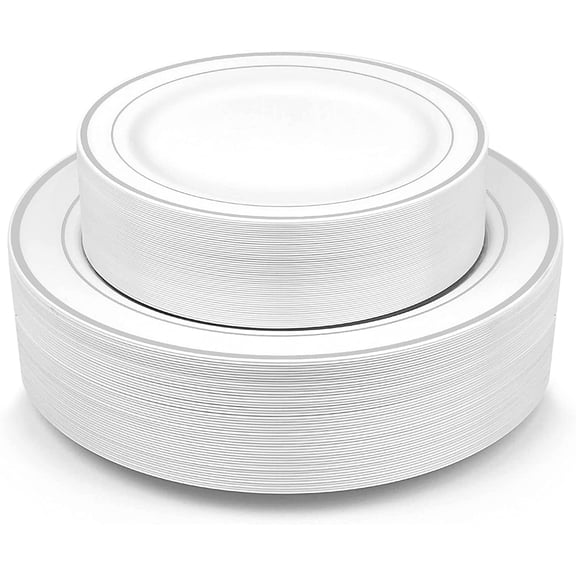 Silver Plastic Plates, MCIRCO 100 Pcs Disposable Party Plates for Weddings, Premium Silver Rim Plates, Include 50 10.25 Inch Dinner Plates and 50 7.5 Inch Dessert Appetizer Plates