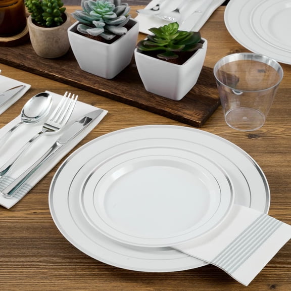 Silver Plastic Plates Set of 60, Disposable Plates with Silver Rim, Elegant Fancy Heavy Duty Wedding Party Plates
