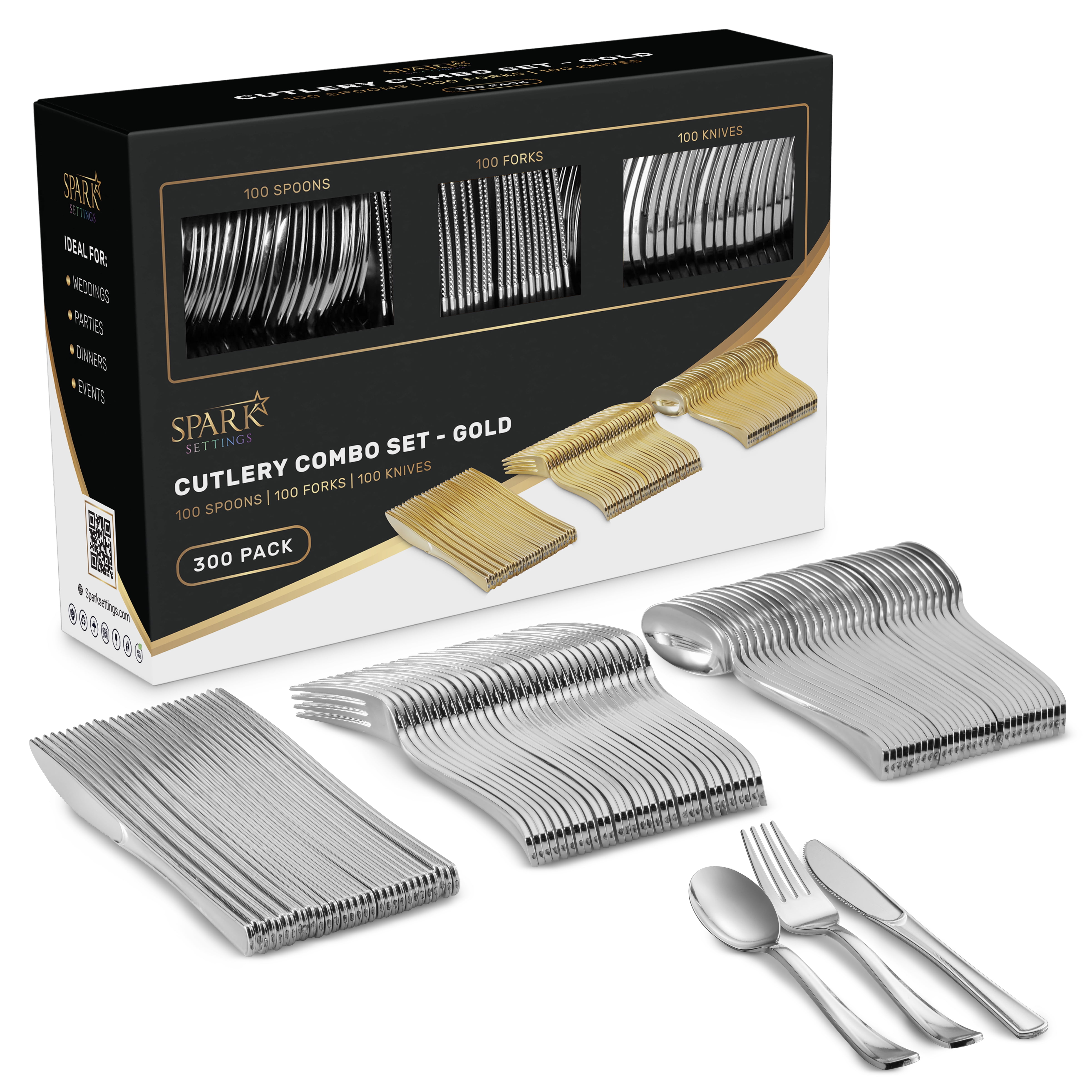 300 Piece Silver Plastic Cutlery Strong Heavy Duty Silverware Set Disposable Flatware Weddings Parties Extra Forks by Perfect Settings Tableware