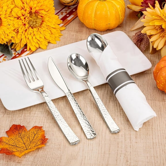 Silver Plastic Silverware, Pre Rolled Silverware Set Disposable,
