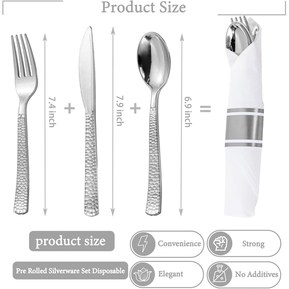 Silver Plastic Silverware, Pre Rolled Silverware Set Disposable,