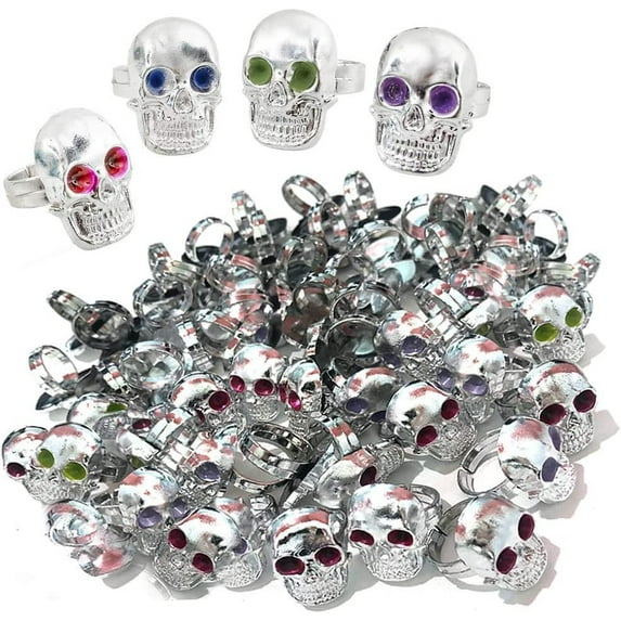 Silver Plastic Skull Rings for Kids, Set of 144, Halloween Party Favors, Non-Candy Trick or Treat Supplies, Pirate-Theme Goodie Bag Fillers, Spooky Classroom Rewards for Boys and Girls