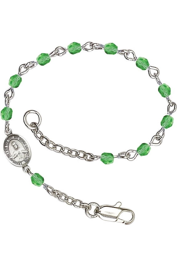 Silver Plate Bracelet with 4mm August Green Fire Polished beads with a Scapular medal