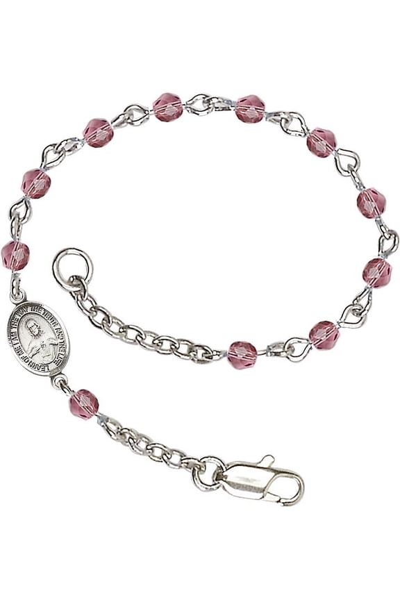 Silver Plate Bracelet with 4mm February Purple Fire Polished beads with a Scapular medal