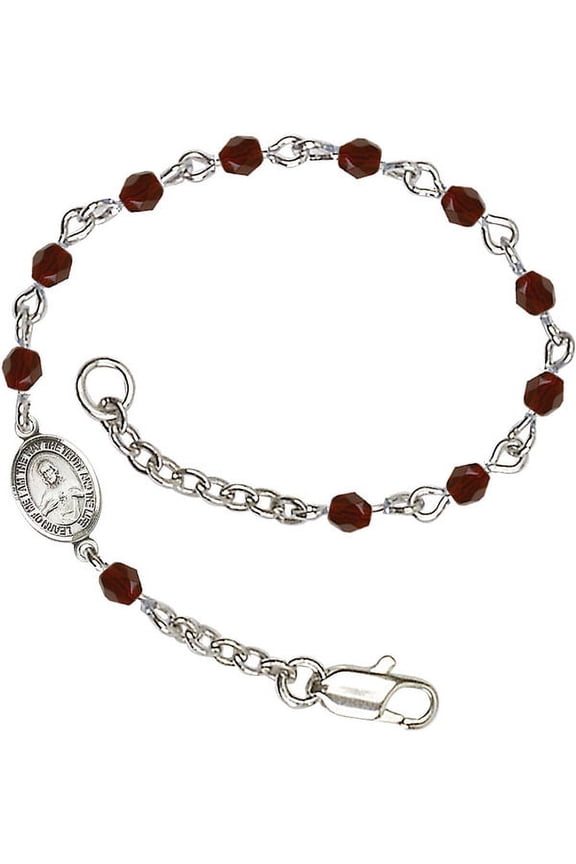 Silver Plate Bracelet with 4mm January Red Fire Polished beads with a Scapular medal
