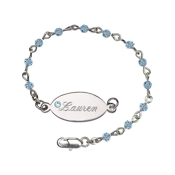 Silver Plate Bracelet with 4mm March Blue Swarovski beads with an engravable ID in March Blue