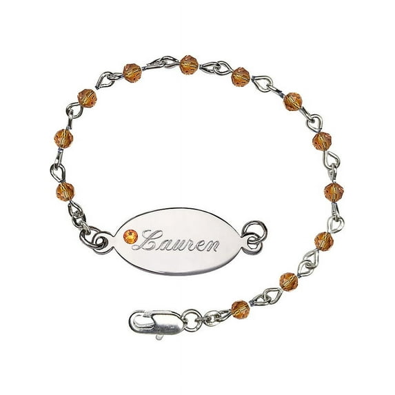 Silver Plate Bracelet with 4mm November Yellow Swarovski beads with an engravable ID in November Yellow
