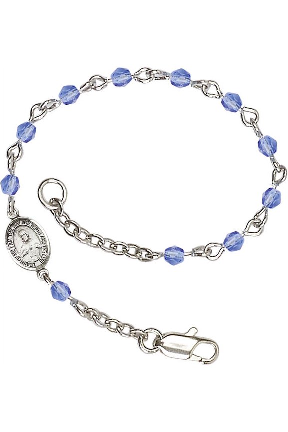 Silver Plate Bracelet with 4mm September Blue Fire Polished beads with a Scapular medal