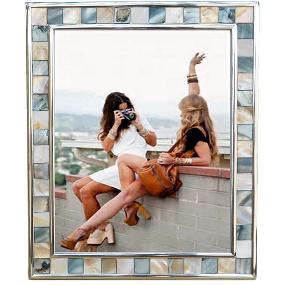 Silver Plate Picture Frame 8x10 Mother of Pearl Wall Frame 8by10 Wedding Photo Frame Mosaic Glass Tabletop Picture Frame (Grey+ White,1pc)