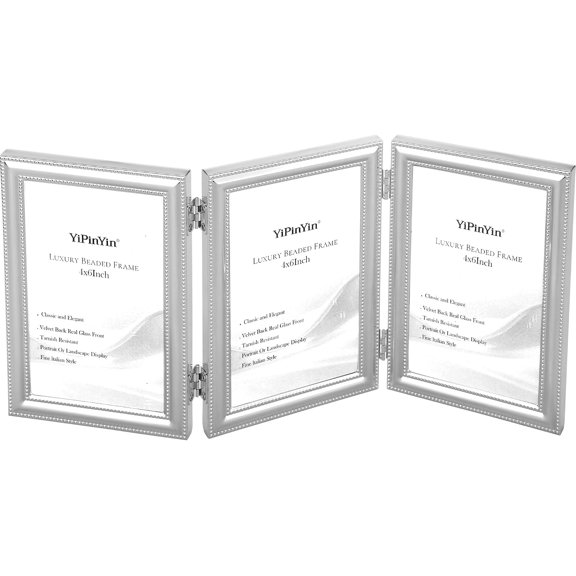 Silver Plated 4x6 Hinged Triple Picture Frame with Classic Beaded Design,3-4x6 Multi College Frames Featuring Real Glass and Velvet Backing for Tabletop and wall Mounting