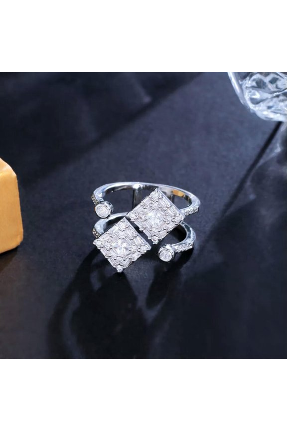 Silver Plated Adjustable Open Cuff Geometric Sqaure CZ Engagement Finger Ring