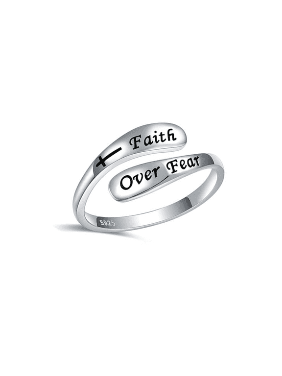 Silver Plated Adjustable Wrap Ring for Women, Faith Over Fear Engraved Cross Open Band Ring, Inspirational Christian Religious Jewelry Gift for Birthday Confirmation