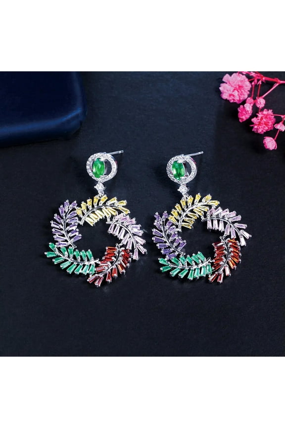 Silver Plated Baguette CZ Crystal Long Drop Dangle Leaf Earrings Costume Jewelry