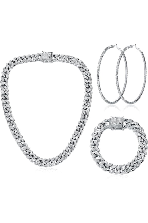 Silver Plated Bling Miami Cuban Link Chain for Men Women Iced Out Miami Cuban Necklace Diamond Chain for Men 12mm Colorful Hip Hop Jewelry