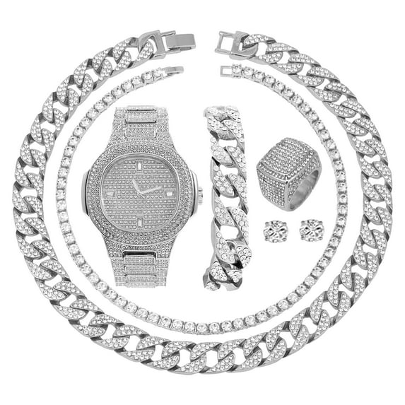 Silver Plated Bling-ed Out Oblong Case Metal Mens Watch w/Matching Cuban Chain Bracelet, Cuban Necklace, Tennis Chain & Ring Size 11-8967CRNTS(11)