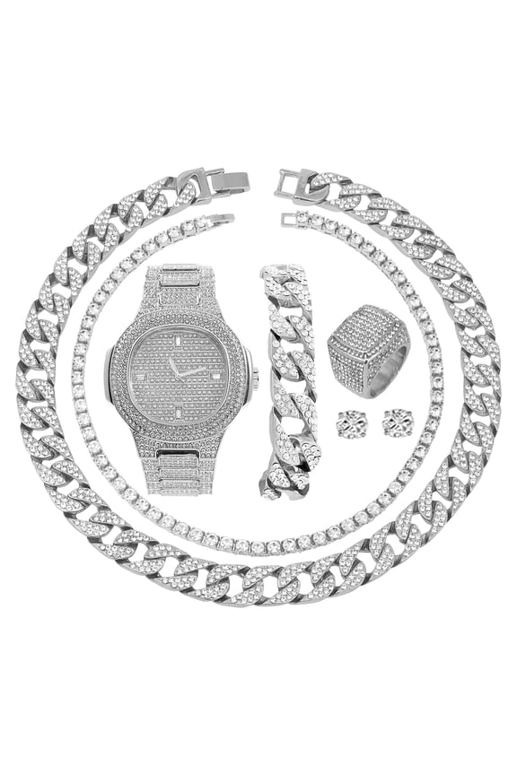 Silver Plated Bling-ed Out Oblong Case Metal Mens Watch w/Matching Cuban Chain Bracelet, Cuban Necklace, Tennis Chain & Ring Size 12-8967CRNTS (12)