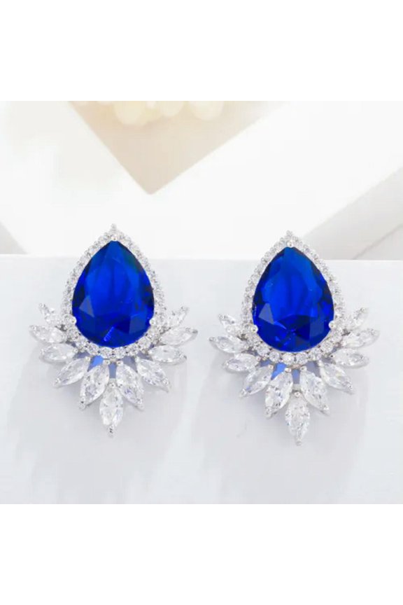 Silver Plated Blue CZ Crystal Leaf Long Dangle Drop Earrings for Women Brides