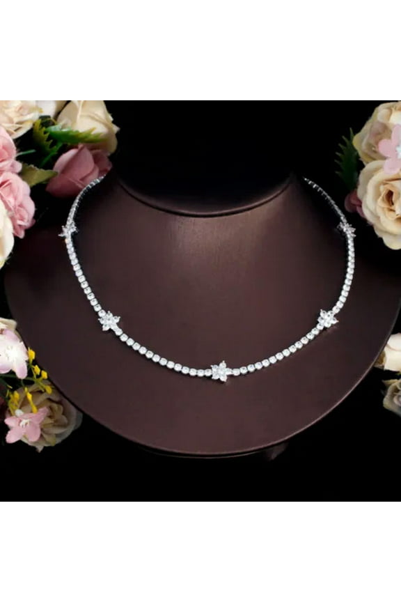 Silver Plated Blue CZ Women Round Tennis Chain Long Flower Wedding Necklace