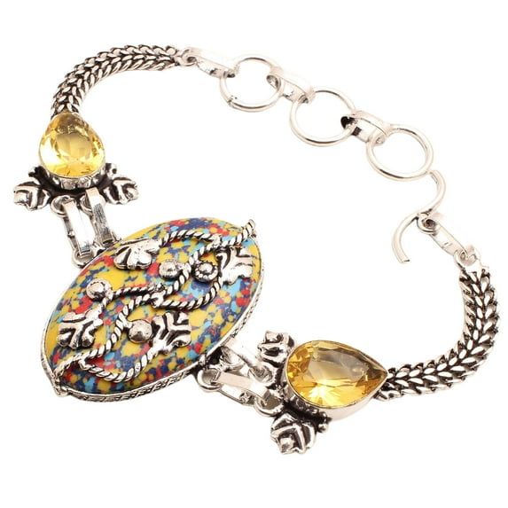 Silver Plated Bracelet For Women, Fashion Jewelry Silver Plated Bracelet, Handmade Gemstone Bracelet Jewelry For Women And Girls Charm Bracelet Mosaic Jasper Gemstone Bracelet, 19 Gms BRB-0888