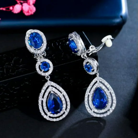 Silver Plated CZ Blue Long Drop Clip On Earring without Piercing Wedding Jewelry
