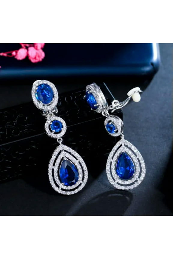 Silver Plated CZ Blue Long Drop Clip On Earring without Piercing Wedding Jewelry