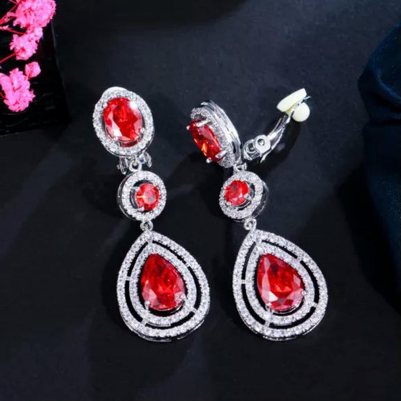 Silver Plated CZ Blue Long Drop Clip On Earring without Piercing Wedding Jewelry