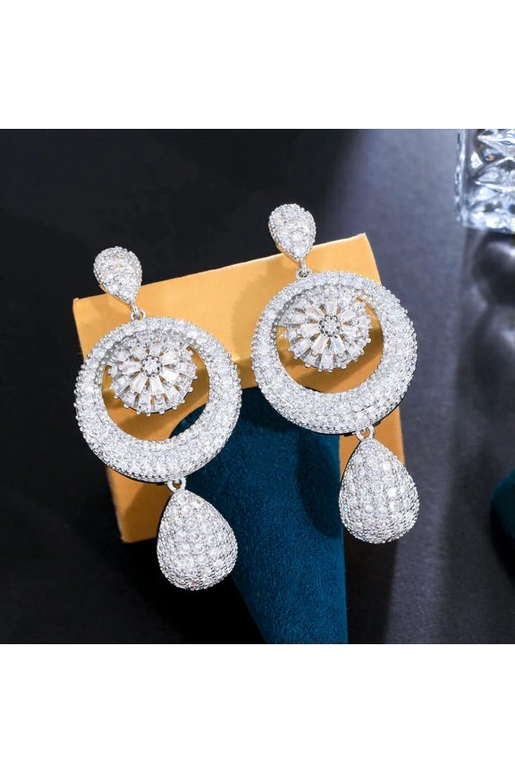 Silver Plated CZ Bridal Big Long Droplet Earrings Micro Pave Jewelry Accessories