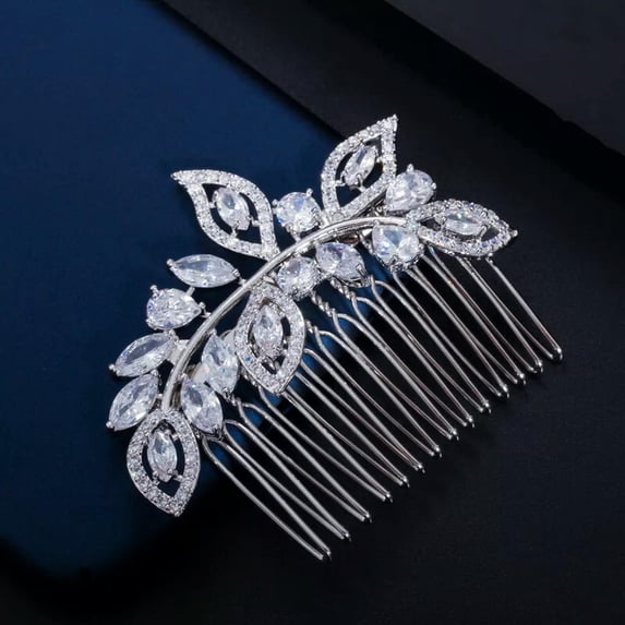 Silver Plated CZ Bridal Leaf Hair Comb Wedding Combs Silde Clip Tiara Hearpiece