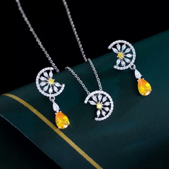 Silver Plated CZ Drop Symmetrical Earrings Pendent Necklace Yellow Jewelry Set
