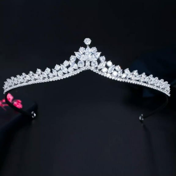 Silver Plated CZ Leaf Crystal Drop Tiara Crown Wedding Bridal Queen Pageant Prom