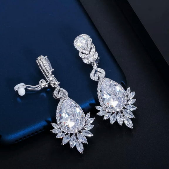 Silver Plated CZ Long Luxury Wedding Clip On Drop Earrings Non Pierced Earrings