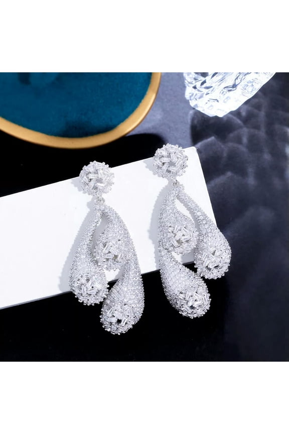 Silver Plated CZ Long Symmetrical Round Ball Claws Statement Dangle Earrings