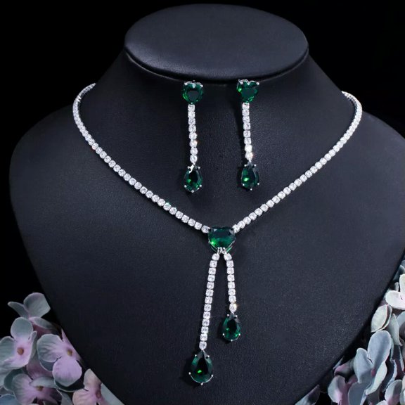 Silver Plated CZ Long Wedding Necklace Earrings Bridal Collection Jewelry Set