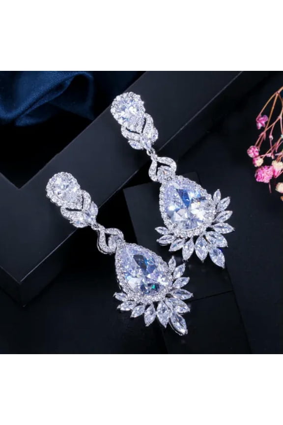 Silver Plated CZ Rose Red Long Crystal Drop Dangle Earrings for Brides Wedding