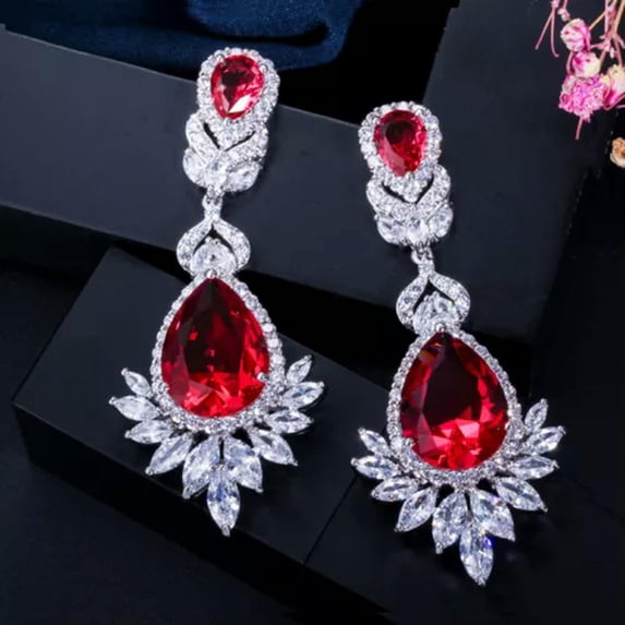Silver Plated CZ Rose Red Long Crystal Drop Dangle Earrings for Brides Wedding