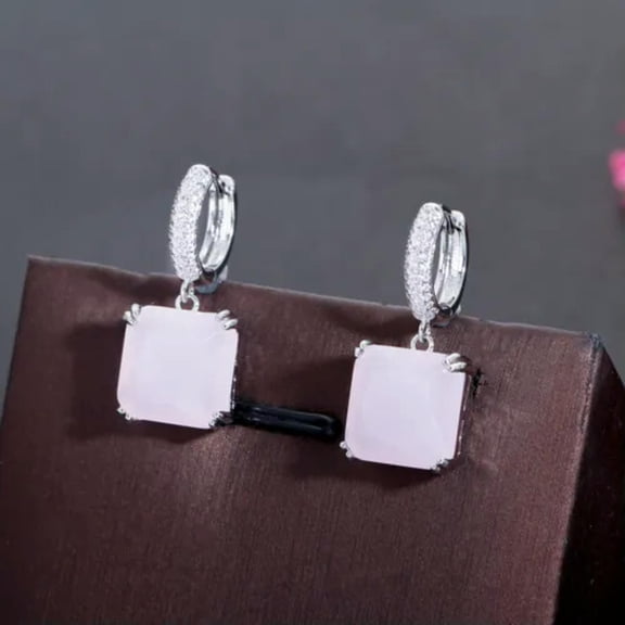 Silver Plated CZ Square Huggie Dangle Drop Earring 925 Sterling Silver Jewelry