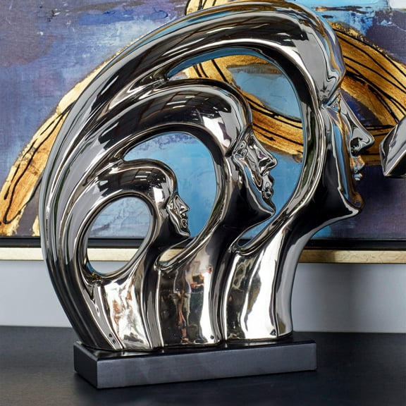 Silver Plated Ceramic Abstract Modern Gallery Art 3 Faces Family Unit Figurine