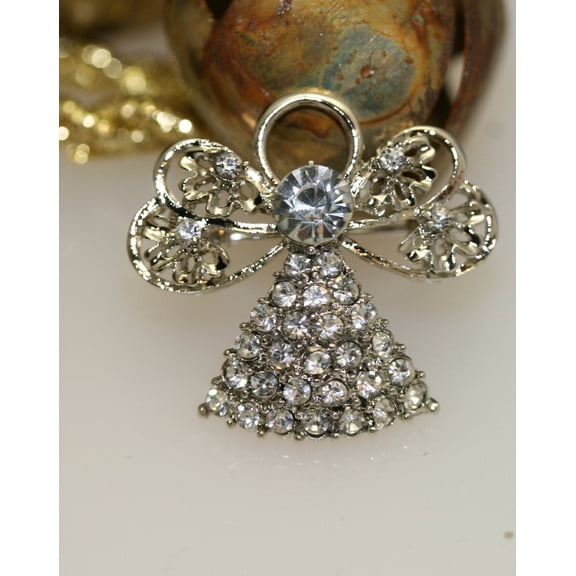 Silver-Plated Clear Rhinestone Angel Brooch Pin, Angel Pin, Angel Jewelry Gift