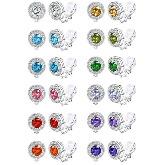 Silver Plated Clip - On Birthstone Earrings for Women Cubic Zirconia, Sparkling