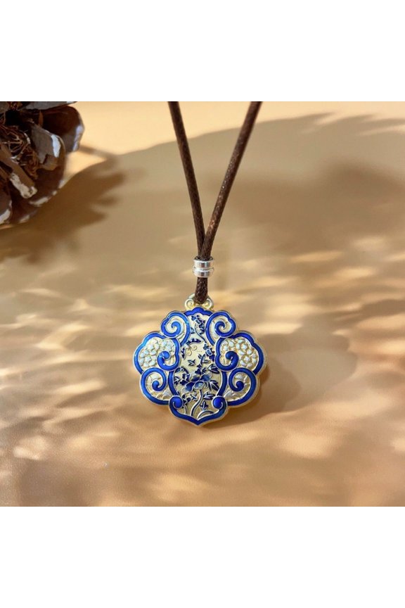 Silver Plated Cloisonne Peony Pendant Necklace Chinese Style Floral Jewelry Gift Accessory for Cheongsam or Daily Wear