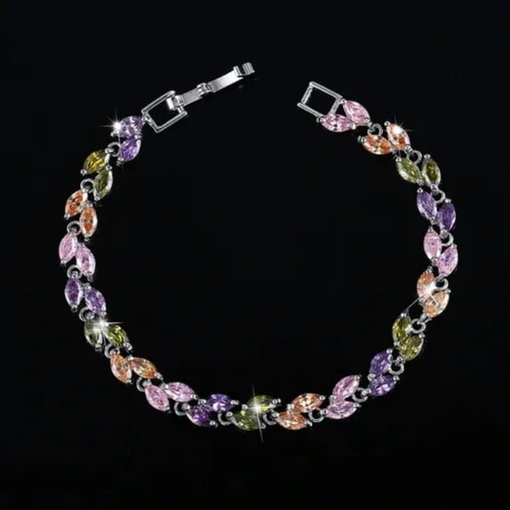 Silver Plated Cubic ZIrconia Multicolor Leaf Chain Link Bracelet Beauty Jewelry