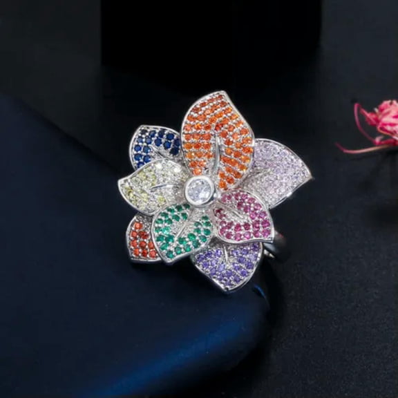 Silver Plated Cubic Zircon 3D Big Multicolor Flower Adjustable Open Ring Jewelry