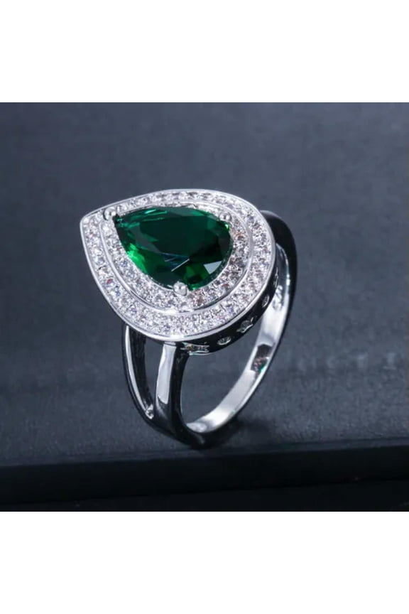 Silver Plated Cubic Zircon Big Teardrop Green Crystal Engagement Ring for Women