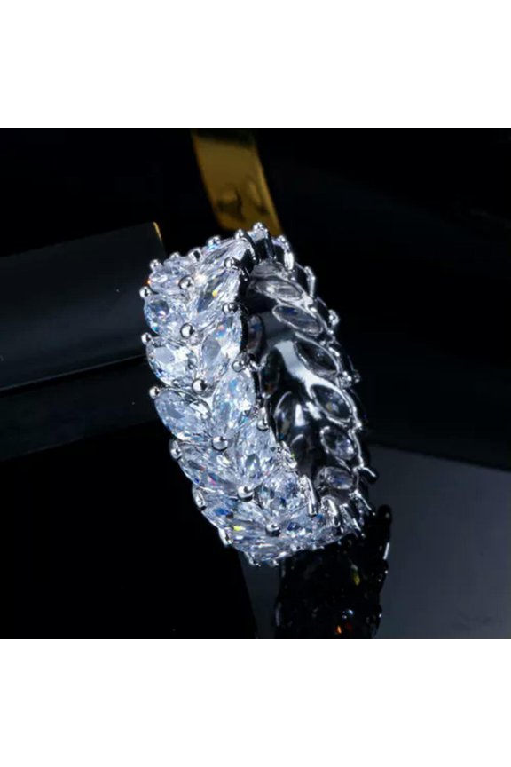 Silver Plated Cubic Zircon CZ Ring Olive Leaf Shaped Finger Wedding Band Jewelry