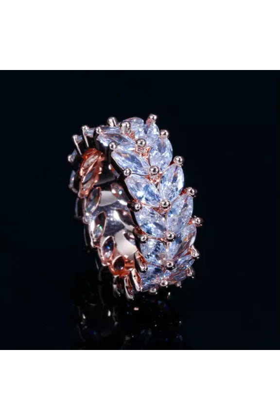 Silver Plated Cubic Zircon CZ Ring Olive Leaf Shaped Finger Wedding Band Jewelry